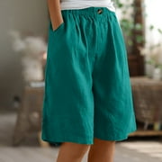 Plus Size Ladies Bermuda Shorts Womens Cotton Linen Bermuda Shorts Womens Summer Shorts Women's Half Shorts Pants Summer Elastic Waist Buttons Casual Linen Pockets Pants
